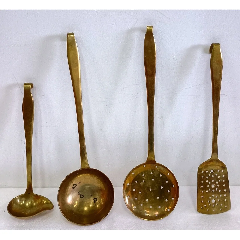 Vintage Brass Kitchen Utensil Set Gold Hanging Decor Ladles Skimmer Spatula